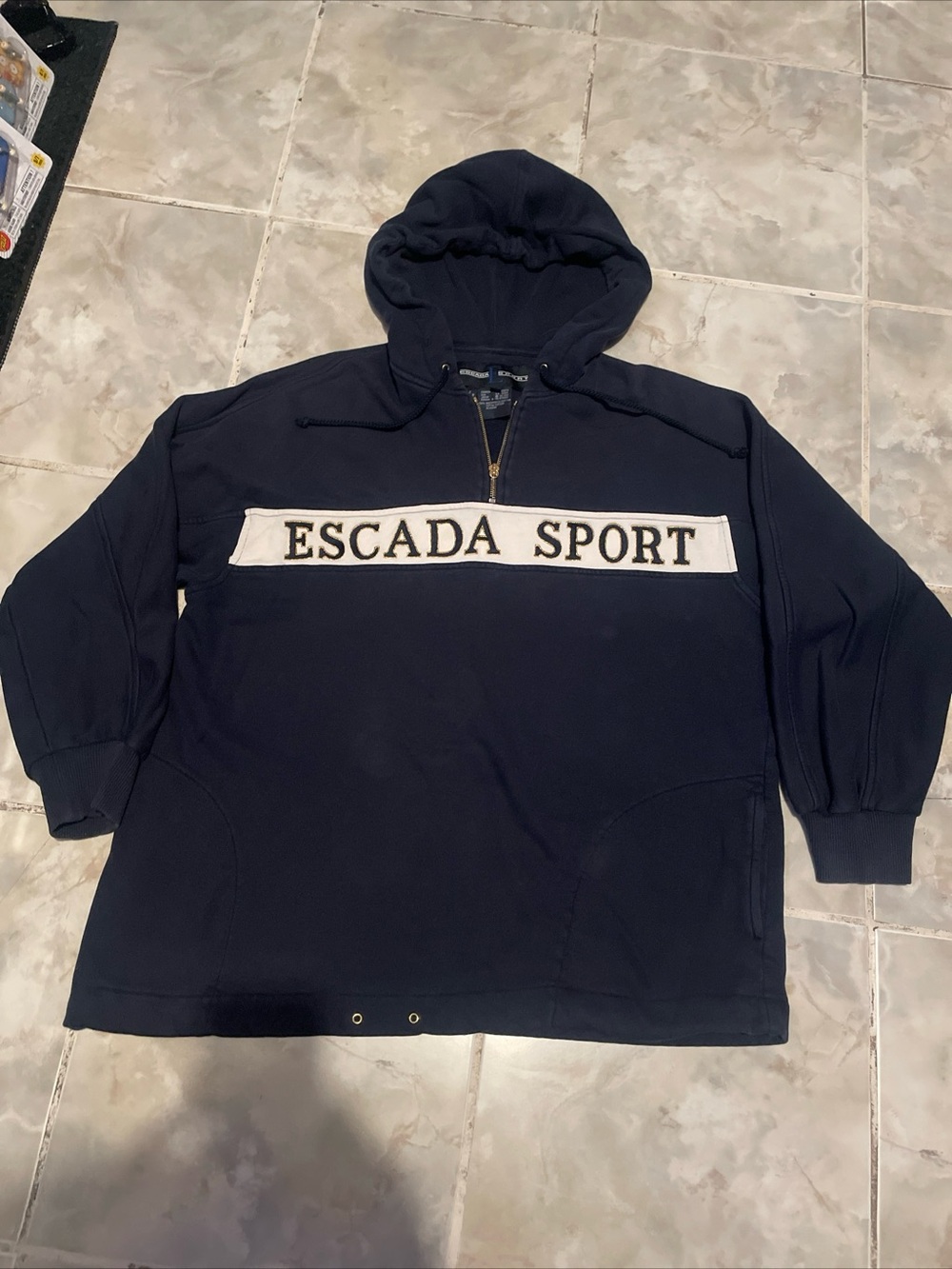 Vintage 90s Y2K Escada Large Logo Sport Half-Zip Navy Blue Pullover Hoodie Large